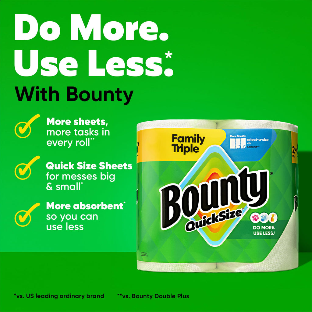 Bounty Quick-Size Paper Towels, White, 8 Family Triple Rolls = 27 Regular Rolls