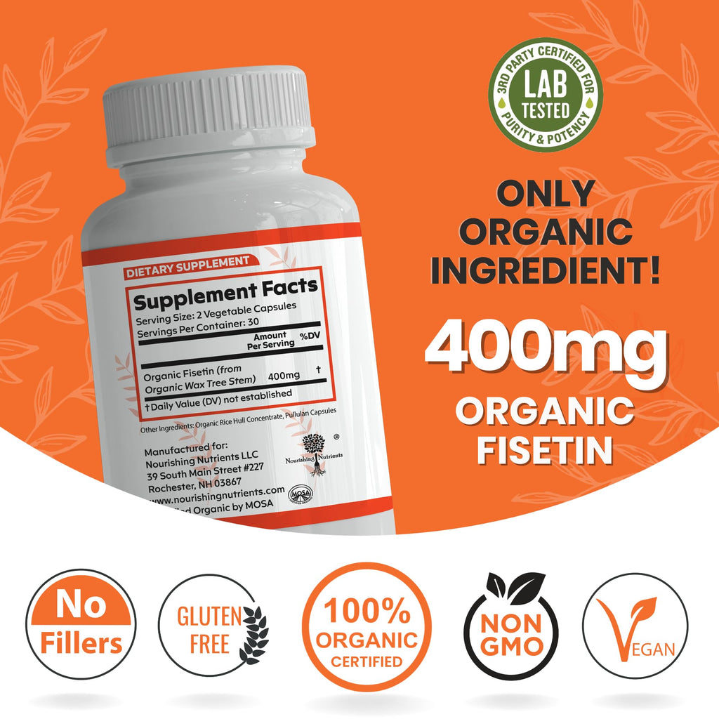 Organic Fisetin Supplement Capsules 400mg -4X Stronger- Natural Bioflavonoid Similar to Apigenin, Quercetin, Luteolin - Senolytic Activator May Support Brain Health, & Age-Defying