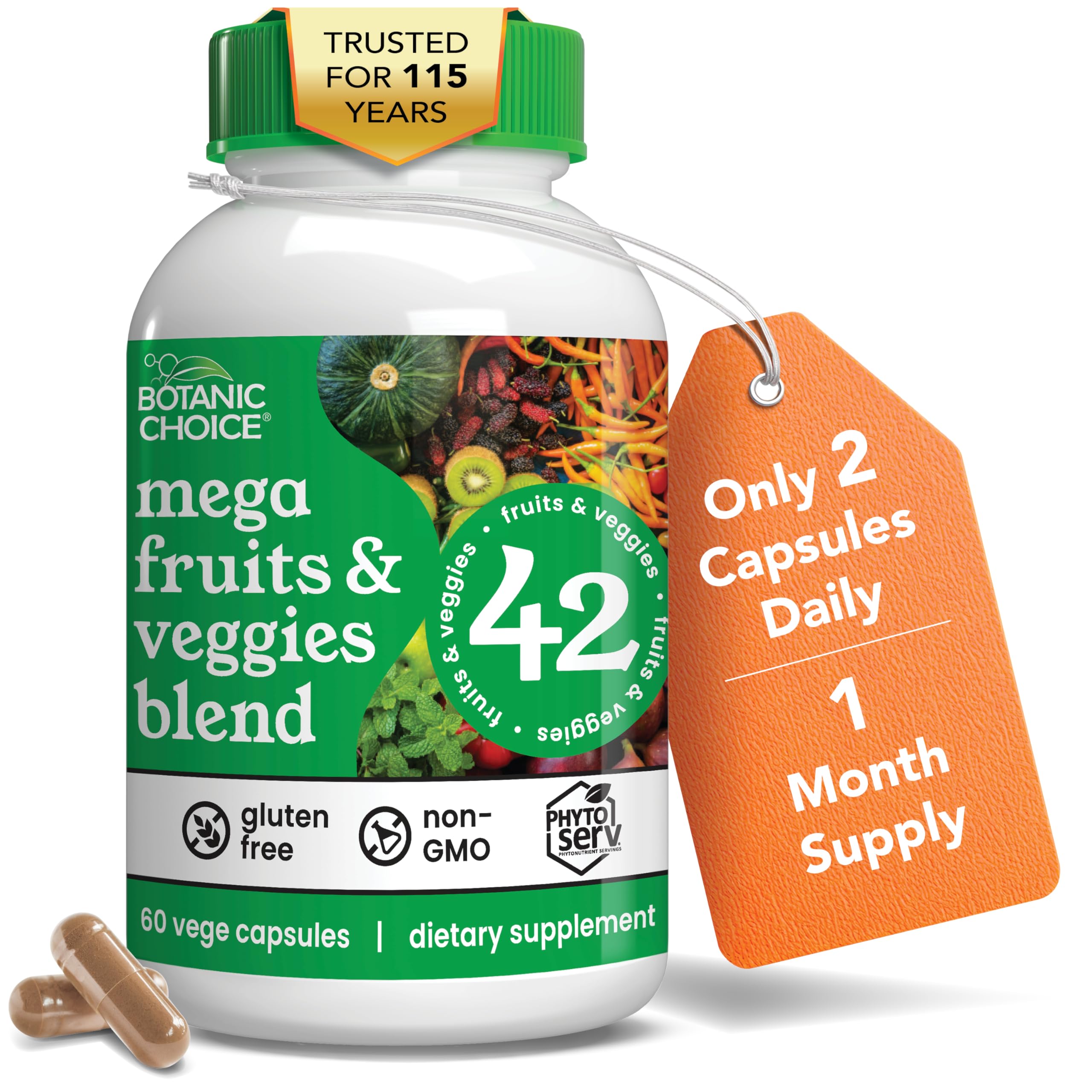 Botanic Choice Since 1910 - Mega Fruits & Veggies Blend - 42 Fruits and Vegetables - 2 Caps Daily - 60 Count Supplement