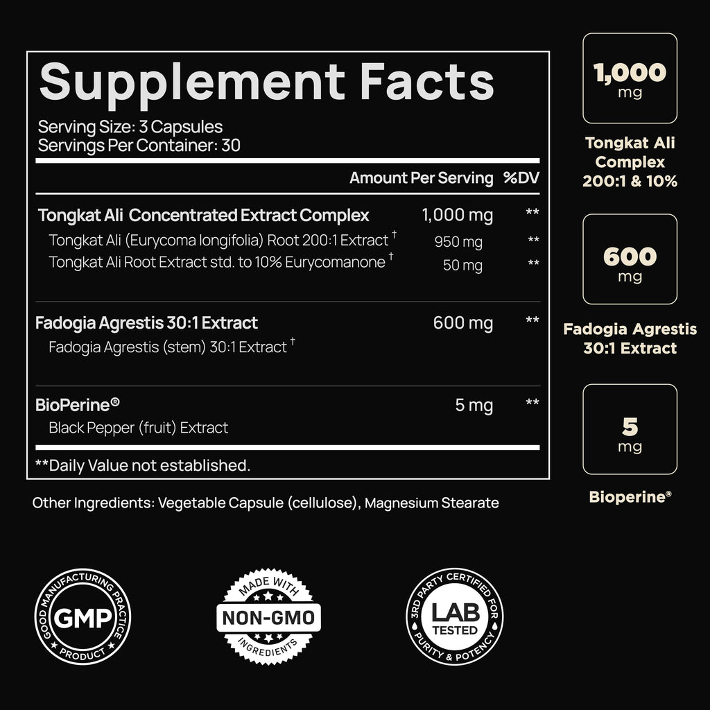200x Strength Tongkat Ali for Men w. Fadogia Agrestis Extract - 10% Eurycomanone Longjack Highest Potency Fadogia Agrestis Tongkat Ali Supplement - Muscle Growth & Test Booster Pills for Men