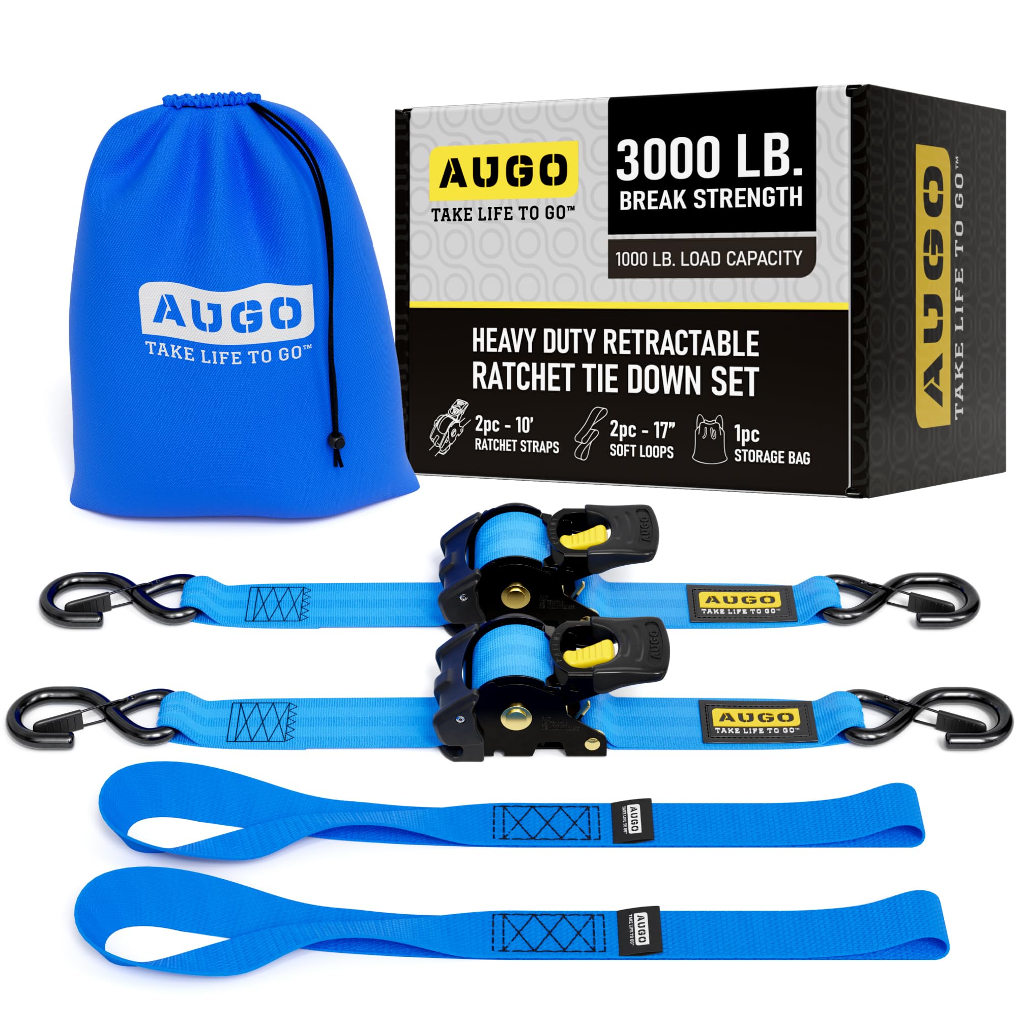 AUGO Retractable Ratchet Straps | 2 Heavy Duty Ratchet Straps Self Retractable Tie Downs with Soft Loops & Storage Bag for Motorcycle, Truck, Trailer, Cargo Van | 3000 Lb Break Strength 2” x 10’