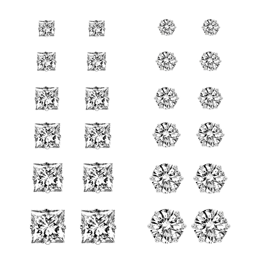 Silver Stainless Steel Stud Earrings for Women Men, 12Pairs 3-8mm Studs Set