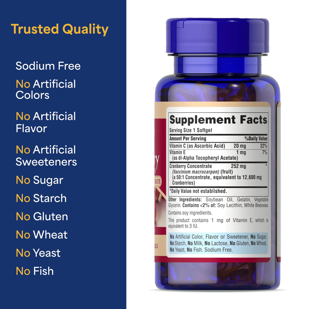 Puritan's Pride Premium Cranberry Fruit Concentrate 252mg (12,600mg Equivalent) with Vitamins C and E, Dietary Supplement for Immune System Support, 100 Rapid Release Softgels,(Pack of 2)