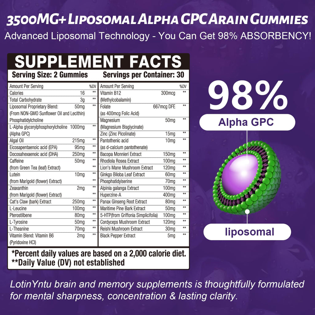 2 Pack 32 in 1 Liposomal 3500MG+ Alpha GPC Brain Focus Gummies,with Omega-3 DHA+EPA,Lutein Zeaxanthin and Caffeine etc for High Absorption for Focus & Memory Support, Immune Boost
