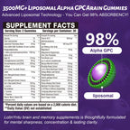 2 Pack 32 in 1 Liposomal 3500MG+ Alpha GPC Brain Focus Gummies,with Omega-3 DHA+EPA,Lutein Zeaxanthin and Caffeine etc for High Absorption for Focus & Memory Support, Immune Boost
