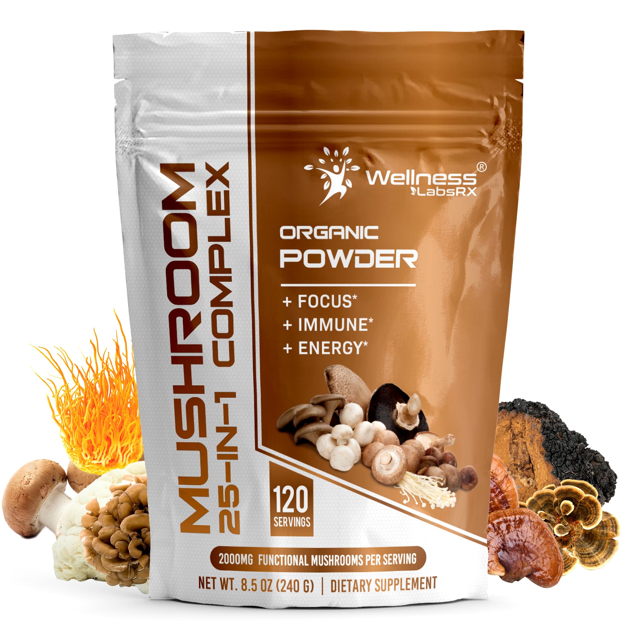 WELLNESS LABSRX Mushroom Powder, 25 in 1 Mushrooms Supplement - 2000mg, 25 Superfood Mishroom Lions Mane Powder with Chaga, Shiitake, Cordyceps, Reishi - Lion's Mane Mushroom - 120 Servings