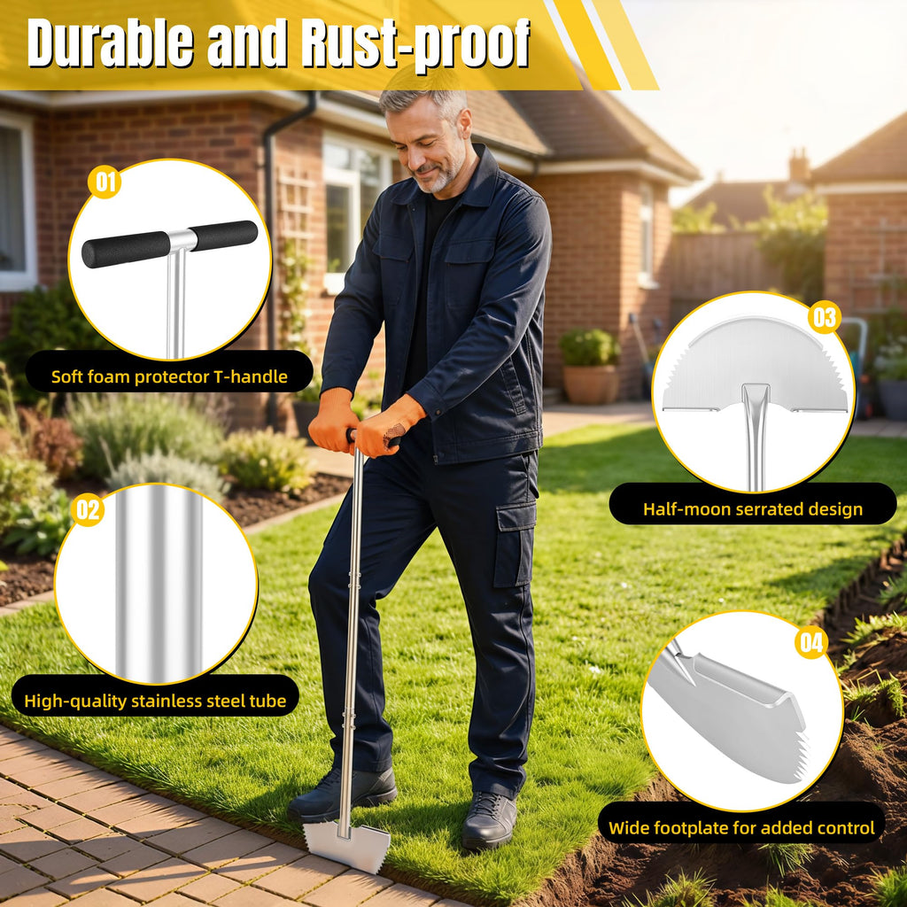 KYEEN-TOOLS Serrated Edger Lawn Tool - Half Moon Shovel with Softer T-Handle, Lawn Edger for Yard, Garden, Landscaping, Sidewalk, Cable Burial - Ergonomic Design, Rust-Proof, 38"