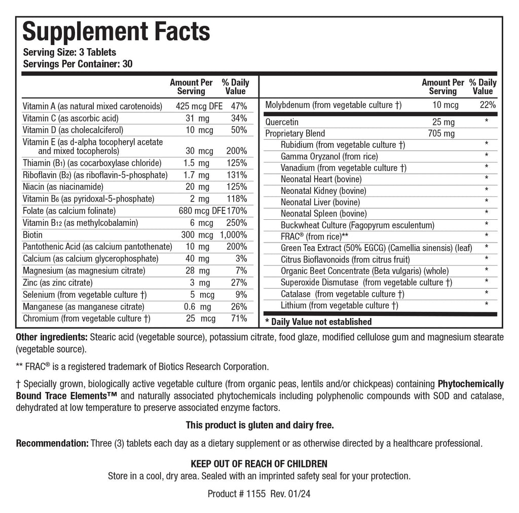 BIOTICS RESEARCH Bio Trophic Plus Food Form Comprehensive Multivitamin Mineral, Glandular Support, Organic Beet Concentrate, Citrus Bioflavonoids, SOD, Catalase, 90 Tabs