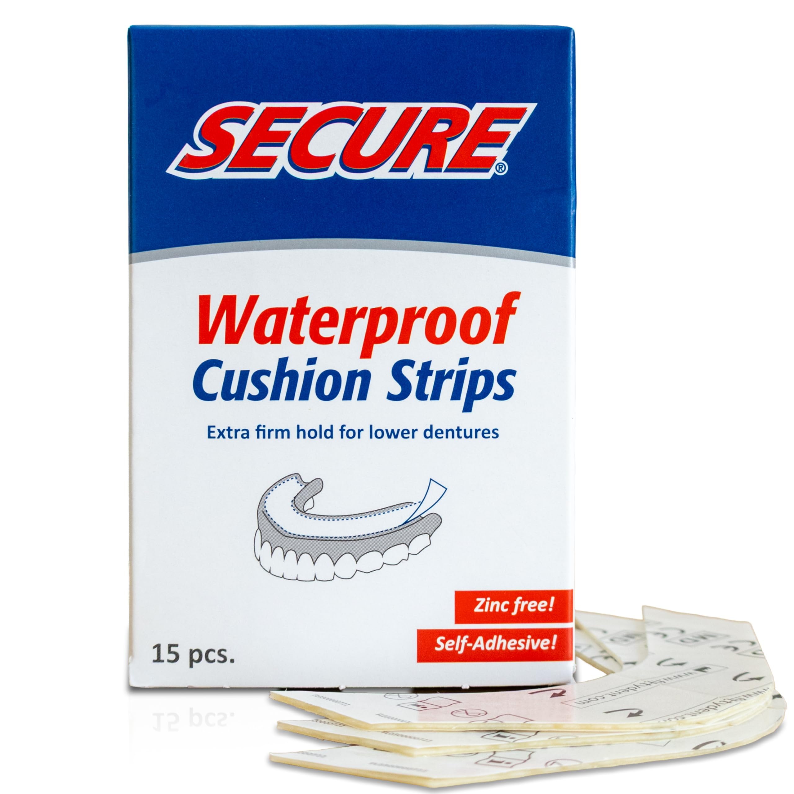 Secure Denture Adhesive Strips – Zinc Free – Waterproof – Comfortable Cushion Fit for Lowers – Extra Firm All-Day-Hold – No Mess – Clean Ingredients – 15 Strips (1 Pack)