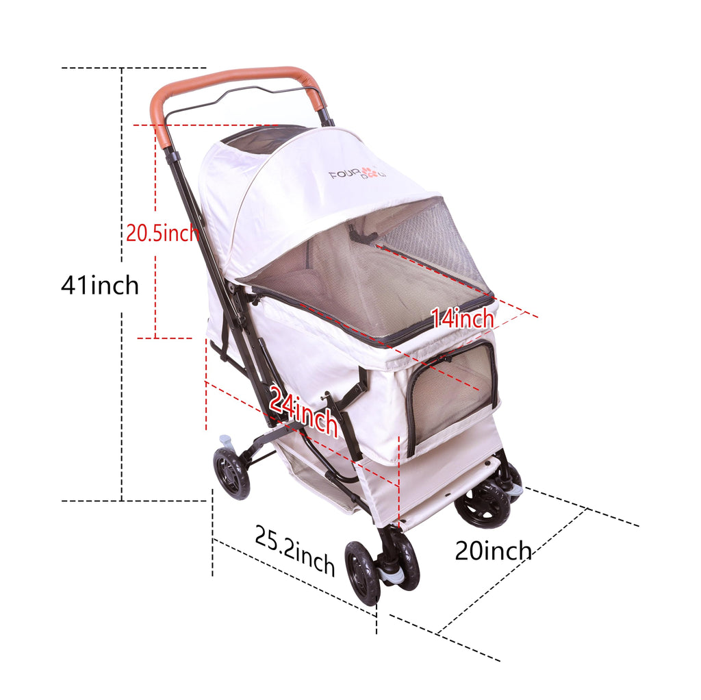 FOURPAW Reversible Pet Stroller (4 Wheels for Cats and Dogs) for Small and Medium Pets up to 33 lbs.Khaki