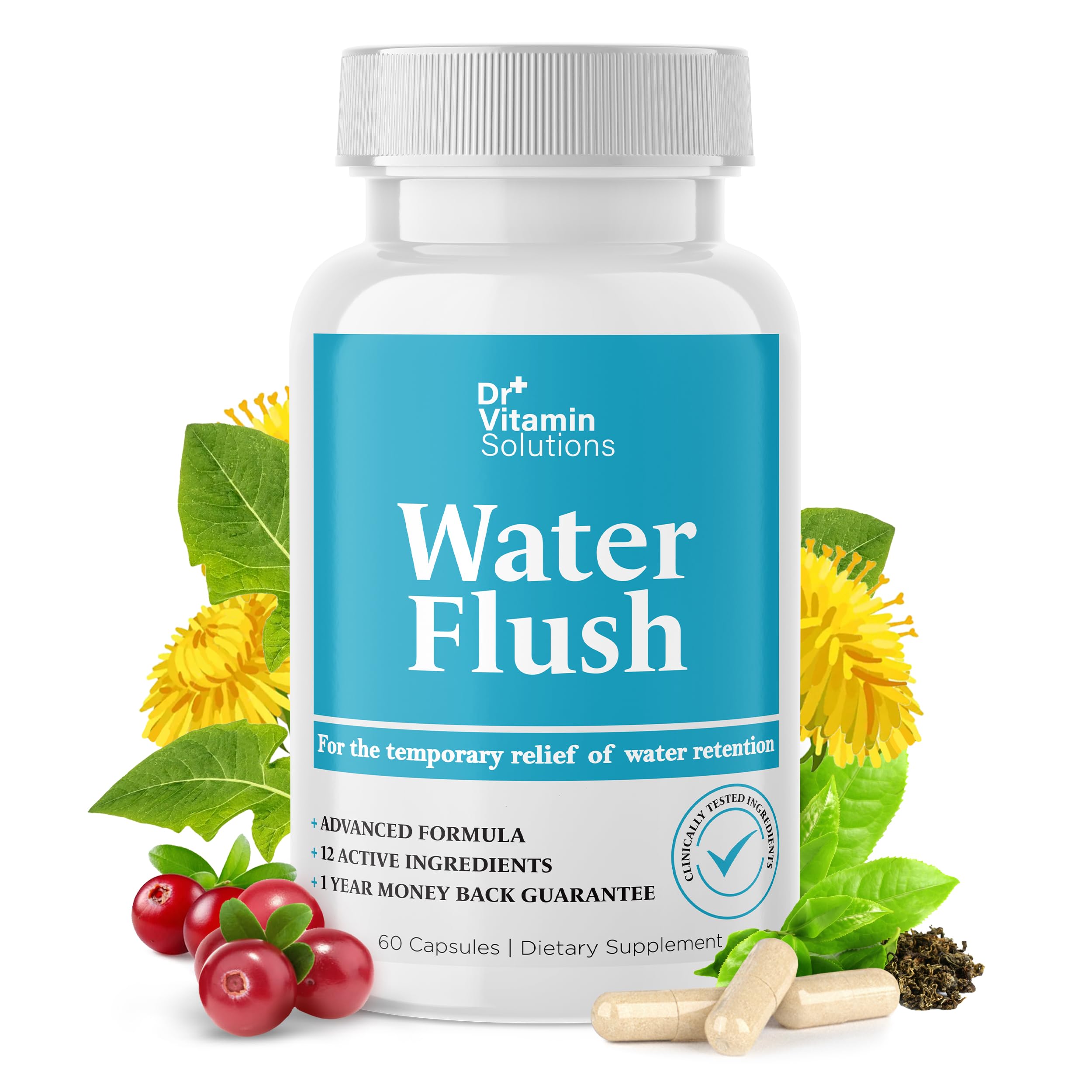 Diuretic Water Pills for Weight Control, 12 Active Ingredients (Green Tea, Cranberry & More), Instant Relief from Bloat & Swelling, Water Retention Pills for Women & Men - 60 Capsules