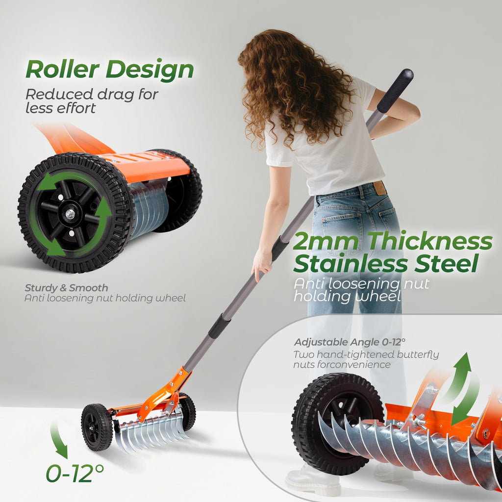 Walensee Manual Lawn Dethatcher Rake with Wheels, Adjustable Handle
