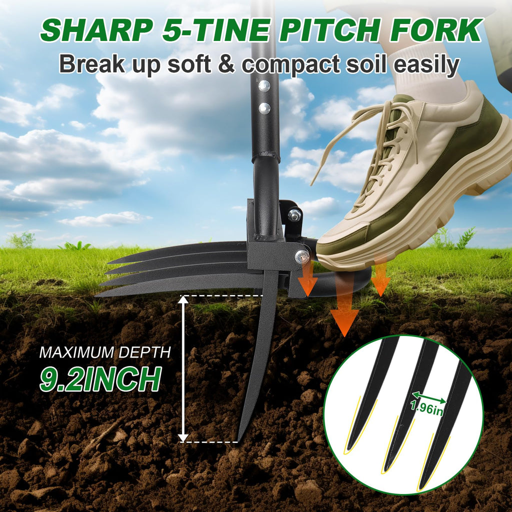 REILEIHODE Broad Fork Garden Tool, 63" Heavy Duty Broadfork Hand Tiller with Double 5+4 Sharp Tines, Garden Pitchfork with Ergonomic D-Shaped Handle, Spading Dig