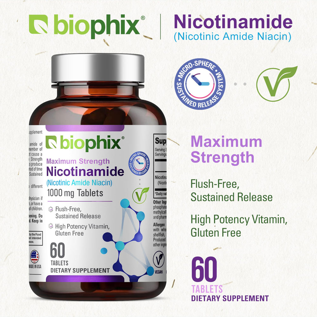biophix B-3 Nicotinamide 1000 mg 60 Tablets Extra Strength Timed Release - Nicotinic Amide Niacin Natural Flush-Free Vitamin Formula - Supports Skin Cell Health