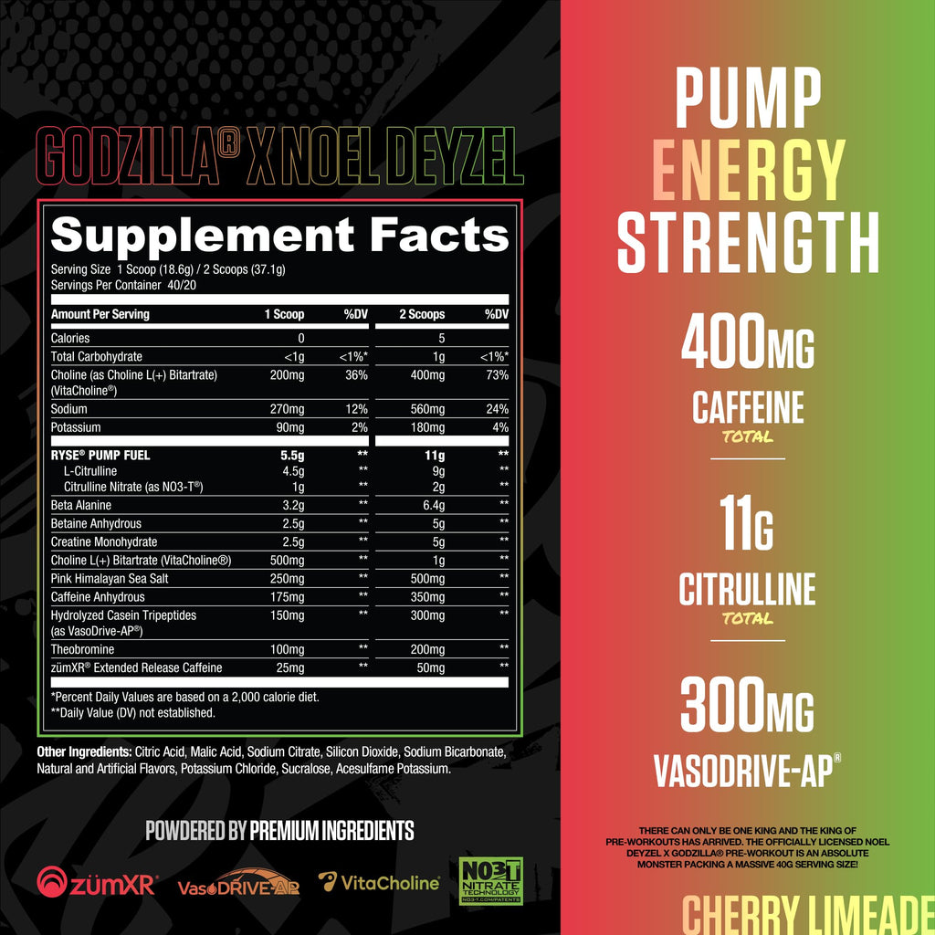RYSE Godzilla X Noel Deyzel Pre Workout Powder - Cherry Limeade - 400mg Caffeine, High Stim Pre-Workout for Men & Women with Citrulline & Beta Alanine - Energy, Pump & Focus - 20/40 Servings