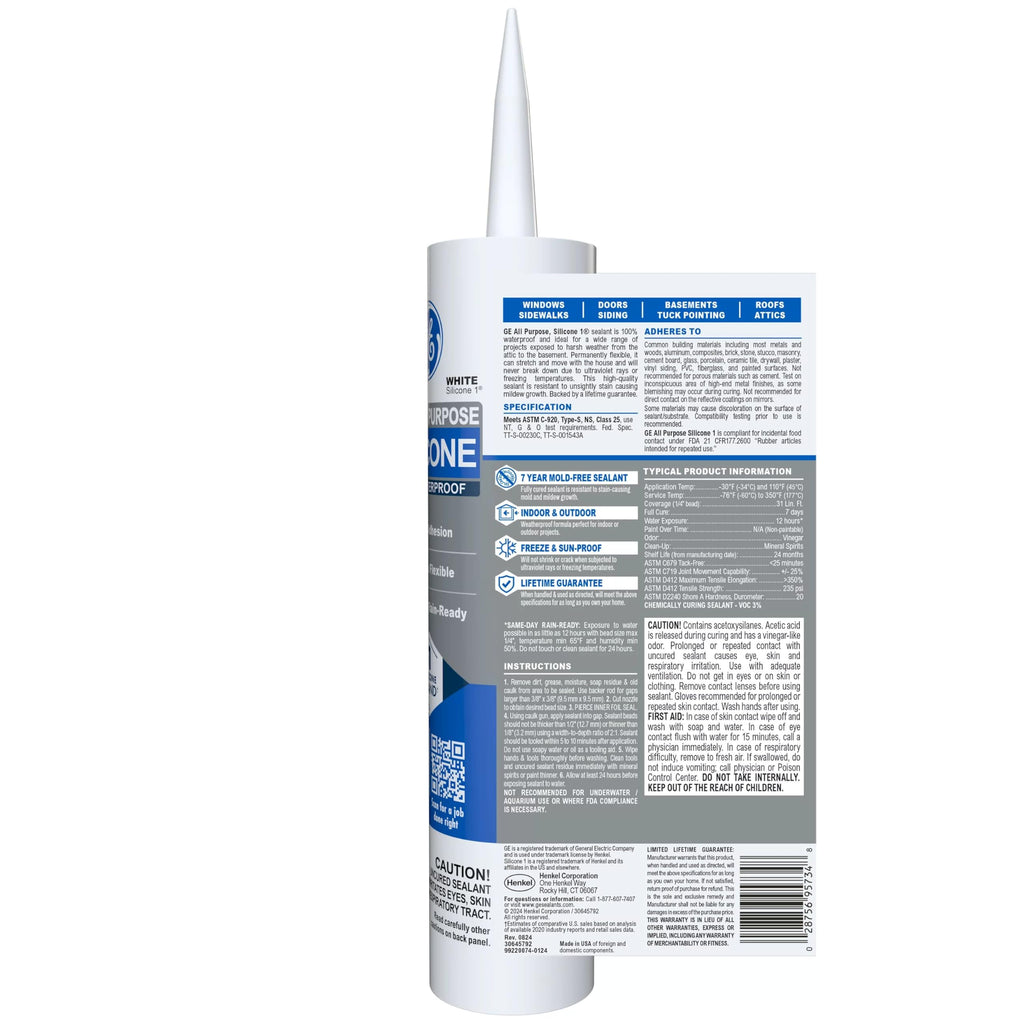 GE All Purpose Silicone Caulk, White, 10.1 fl oz Cartridge, 12 Pack - 100% Waterproof Silicone Sealant, Stronger Adhesion, Freeze & Sun Proof