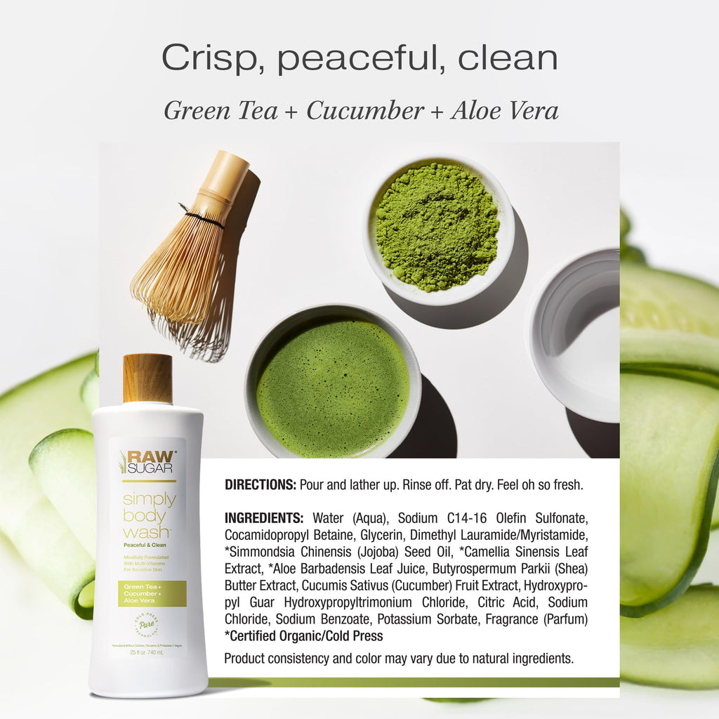 RAW SUGAR Green Tea Aloe Soother Gentle & Hydrating Body Wash, 20 Fl Oz (Pack of 3), Gentle & Soothing Bath & Shower Gel, Sensitive Skin-Friendly, Vegan, Formulated without SLS/SLES & Parabens
