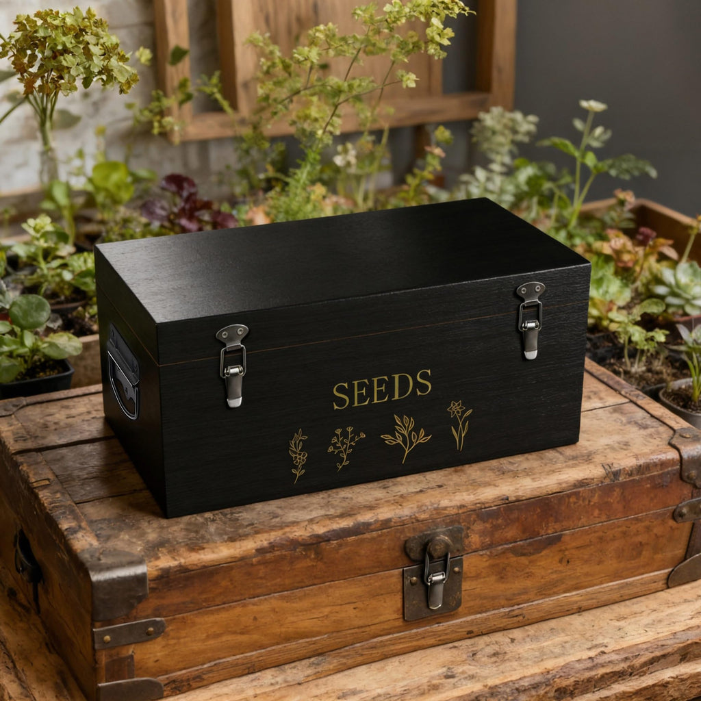 Yocookus Bamboo Seed Storage Organizer, Large Garden Seed Organizer with Lid & Safety Lock & Handles, Seed Box Includes Seed Envelopes and Labels etc, Great Gifts Gardening Kit (Black)