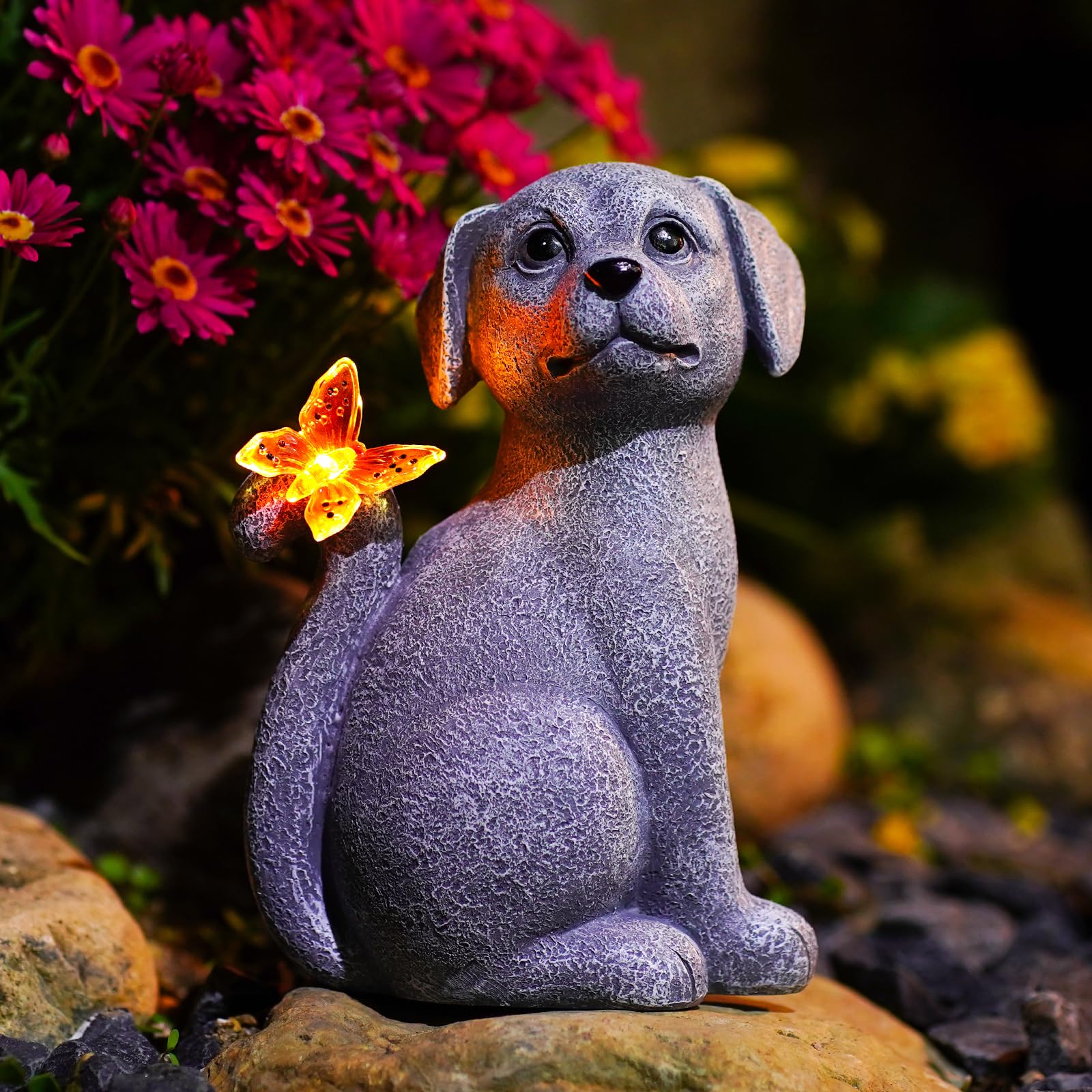 Nacome Dog Outdoor Statues for Garden with Solar Butterfly