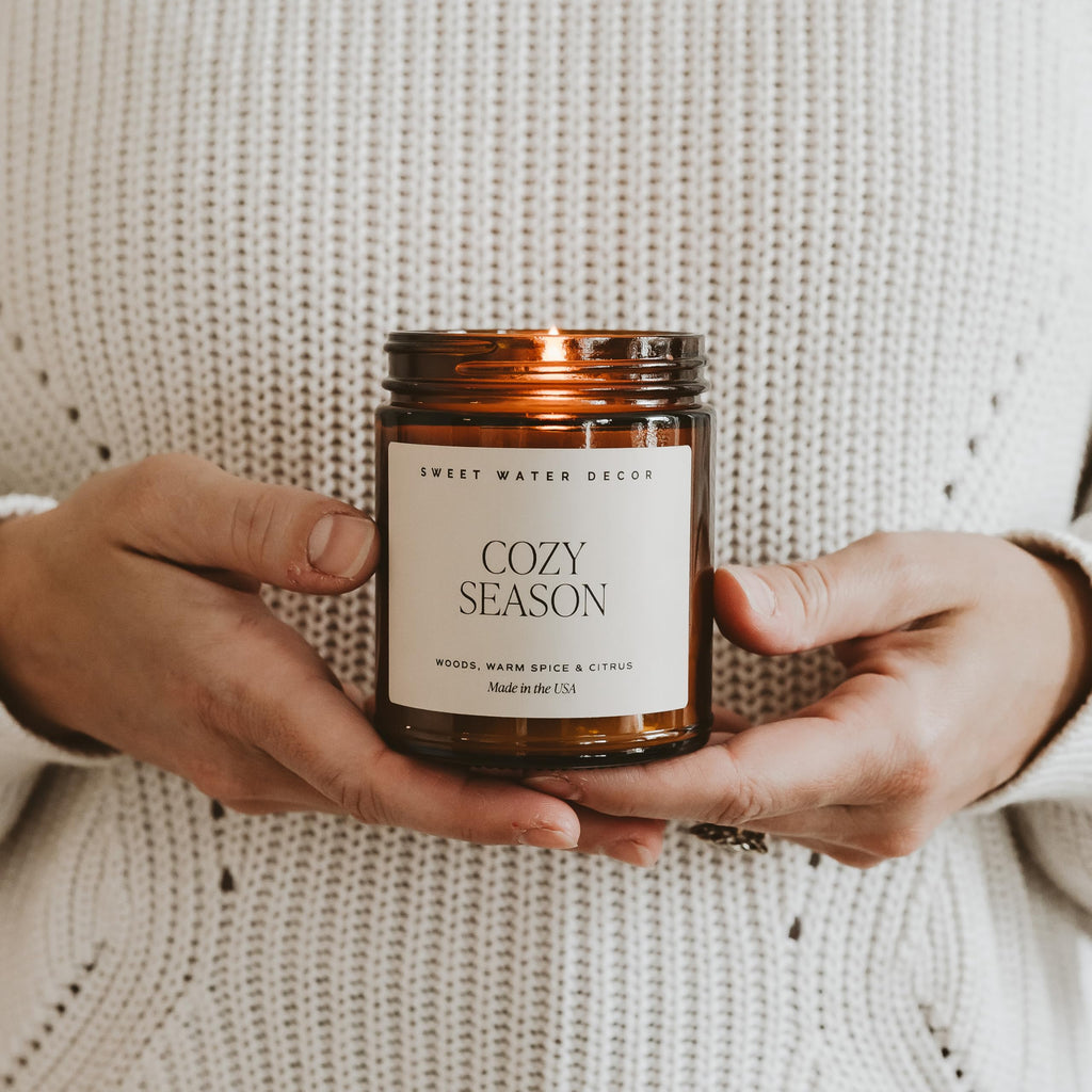 Sweet Water Decor Cozy Season Fall & Winter Candle, 9oz Amber Jar Black Lid