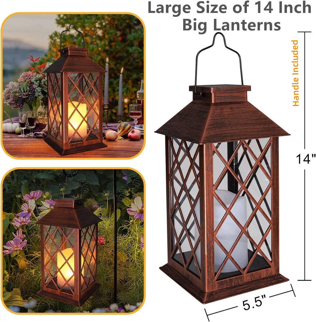 [2 Pack] TAKE ME 14" Solar Lantern Outdoor Garden Hanging Lantern Waterproof LED Flickering Flameless Candle Mission Lights for Table,Outdoor, Halloween Decor Lights