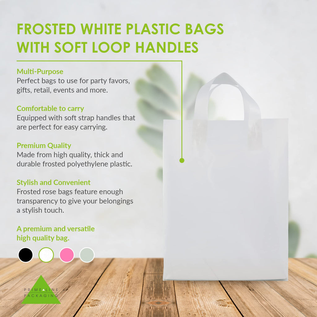 Prime Line Packaging Plastic Gift Bags, Frosted Gift Bags with Handles for Small Business, Shopping, Boutique Supply, Retail Store Use, Bulk, 10x5x13, 50 Pack