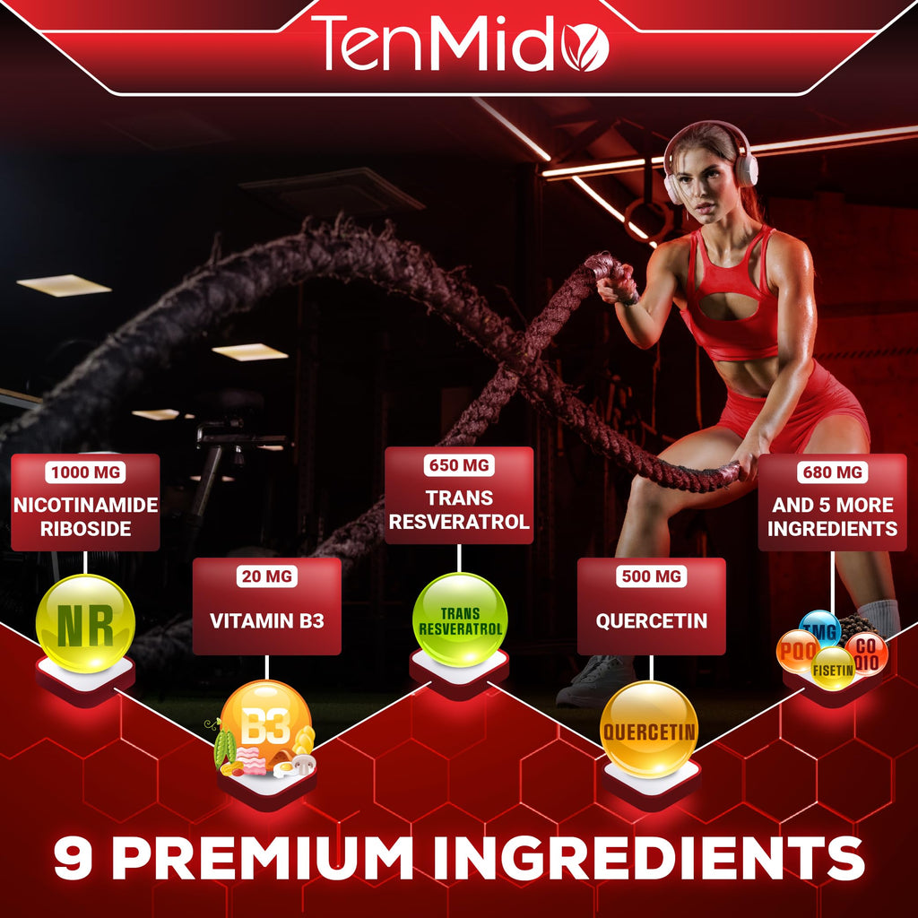 Tenmido NAD+ Supplement Liquid Drops - 9in1 with Nicotinamide Riboside, Resveratrol, Quercetin, TMG Trimethylglycine, Fisetin, Co Q10, PQQ, and Black Pepper - 30ml 1 Fl Oz