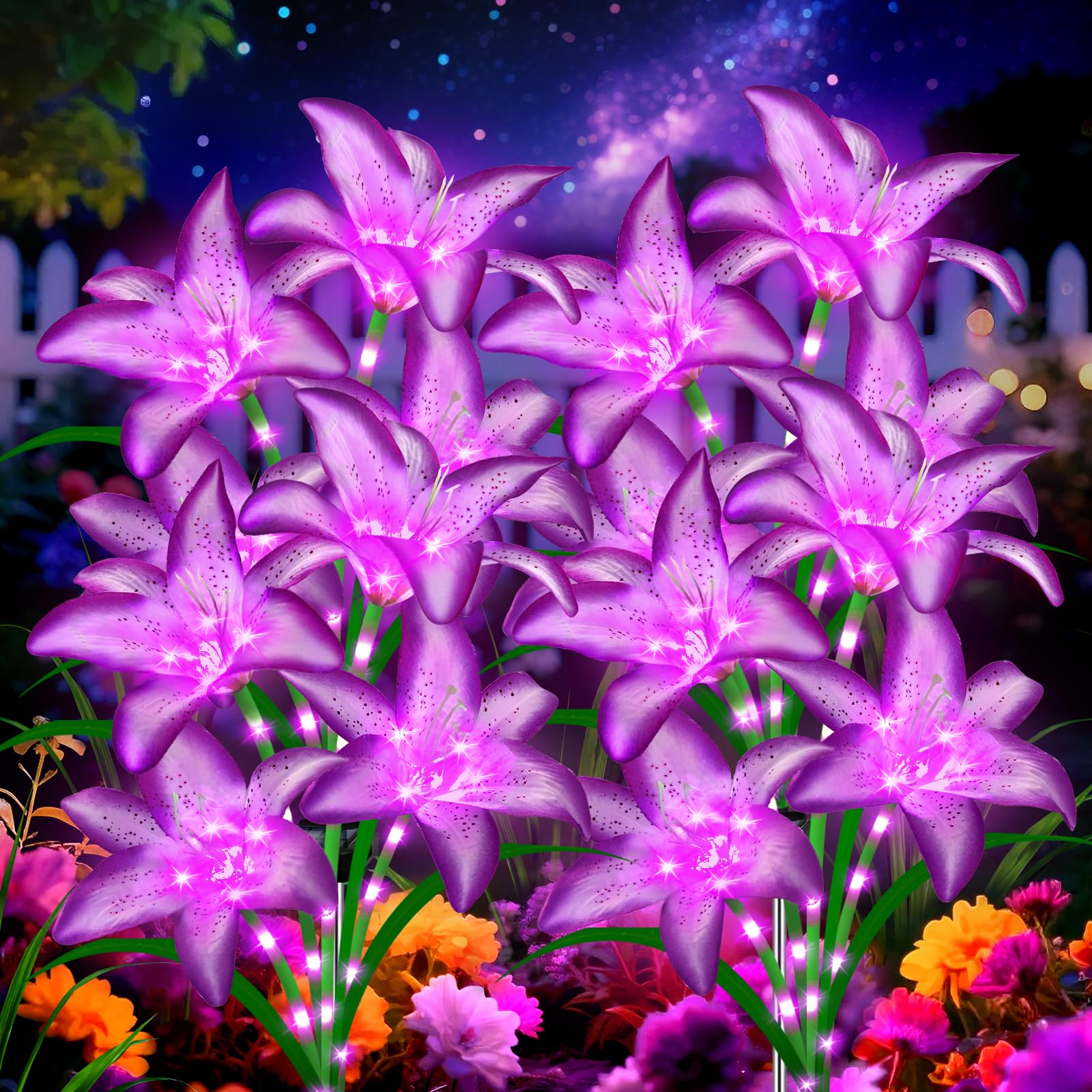 Solar Garden Lights 4 Pack 16 Purple Lily Flowers, Gifts for Mom Woman Birthday Outdoor Solar Flower Lights,Cemetery Flowers for Grave - Decorative Lilies for Yard, Patio, Pathway Decorations