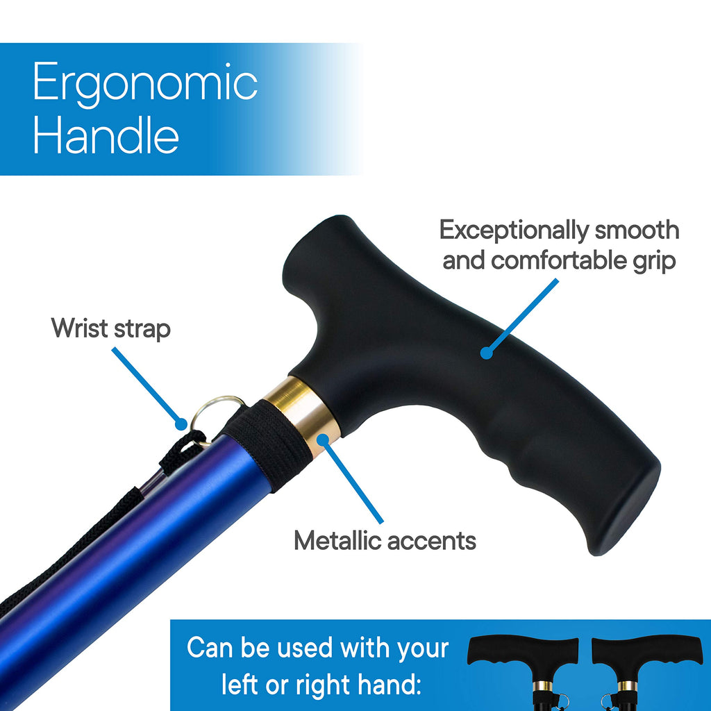 RMS Folding Cane - Foldable, Adjustable, Lightweight Aluminum Offset Walking Cane - Collapsible Walking Stick with Ergonomic Derby Handle - Ideal Daily Living Aid for Limited Mobility (Blue)