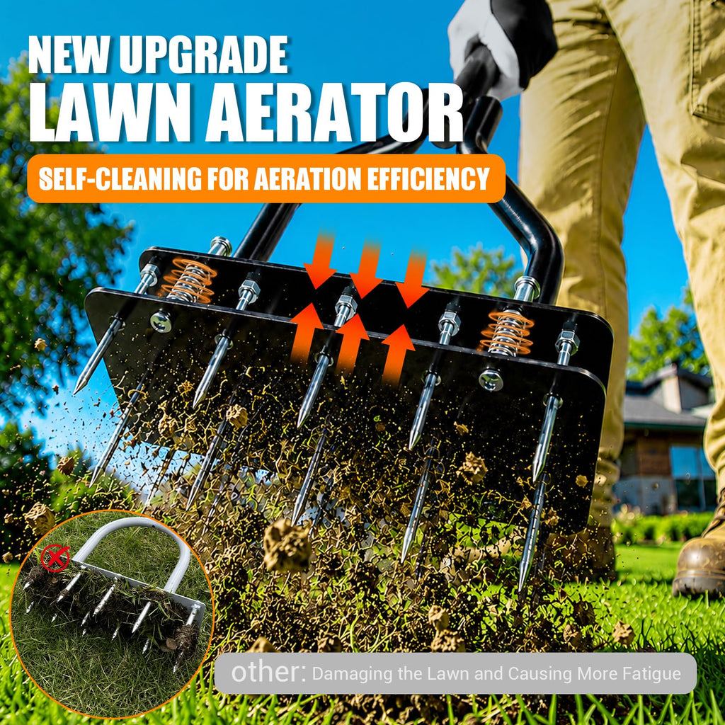 Lawn Aerator Tools, 3 Height Manual Yard Aerator with Self-Cleaning Design