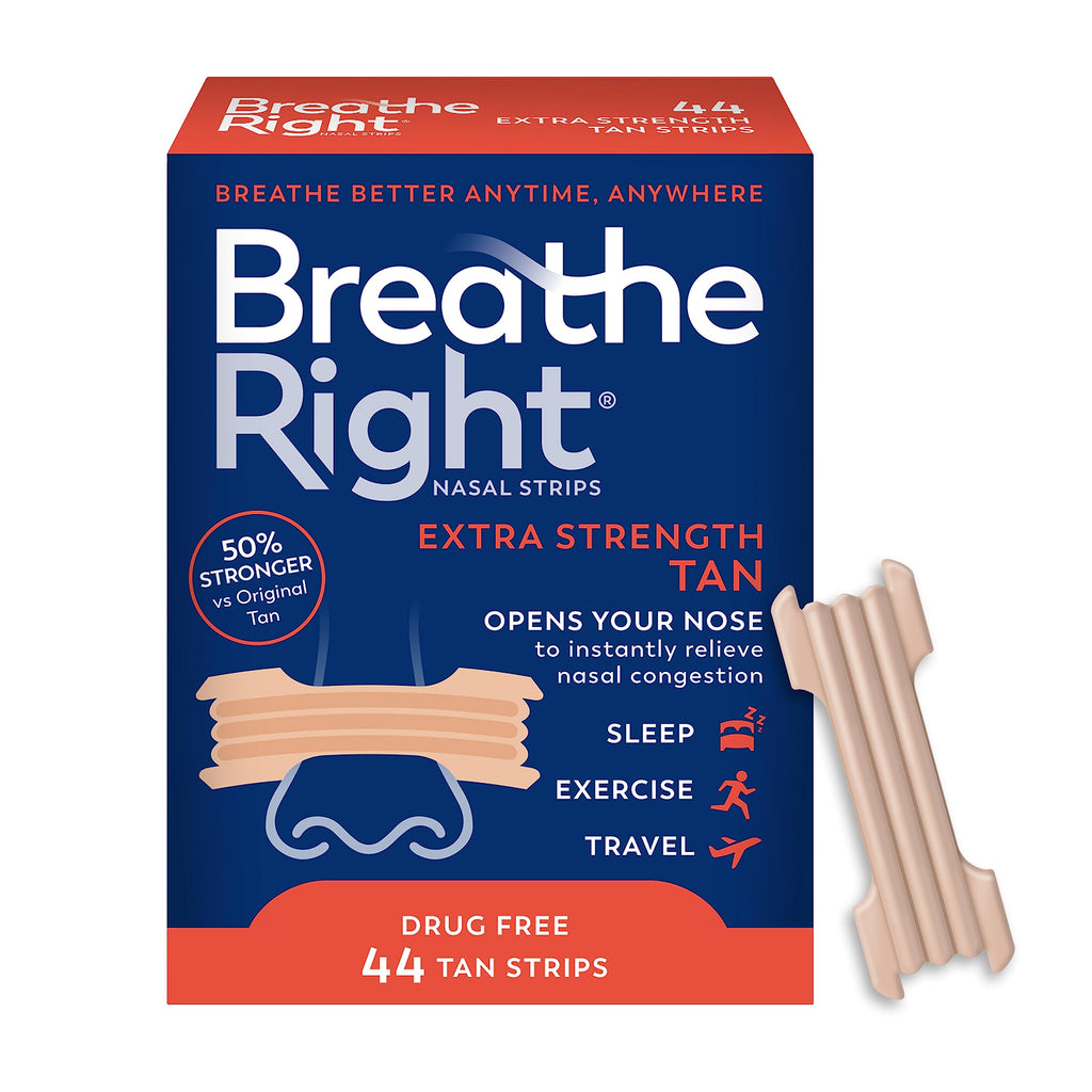 Breathe Right Nasal Strips, Extra Strength Tan Nose Strips, Drug-Free Nasal Congestion Relief for Better Breathing, Help Relieve Snoring, Caused by Colds & Allergies, Deviated Septum, 44ct