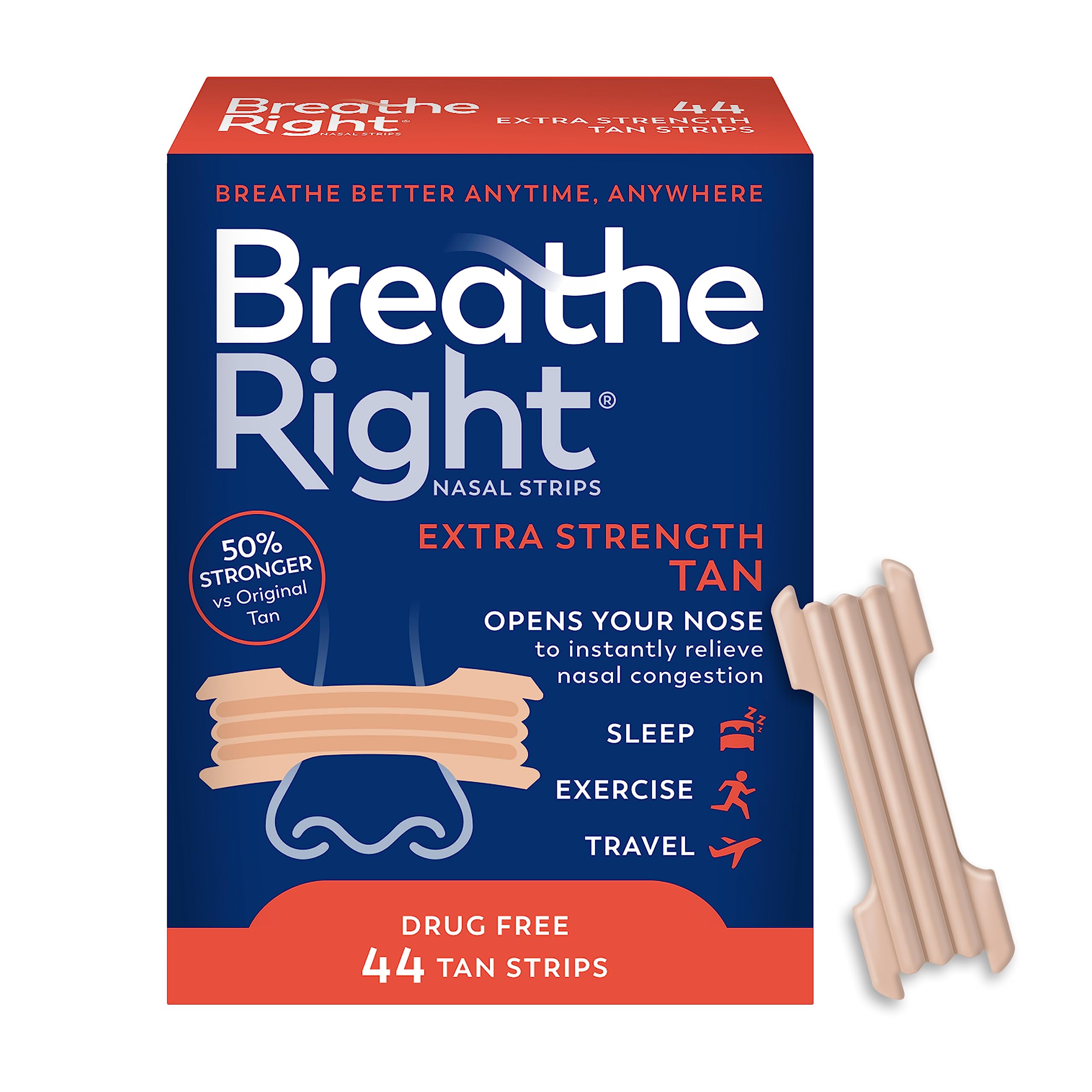 Breathe Right Nasal Strips, Extra Strength Tan Nose Strips, Drug-Free Nasal Congestion Relief for Better Breathing, Help Relieve Snoring, Caused by Colds & Allergies, Deviated Septum, 44ct