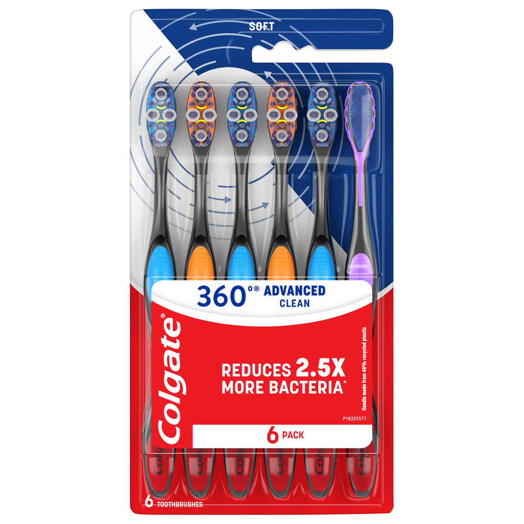Colgate 360 Advanced Clean Adult Soft Toothbrush Pack, 6 Soft Bristled Toothbrushes with Cheek and Tongue Cleaner, Helps Clean Your Teeth, Tongue, Cheeks, and Gums, 6 Pack