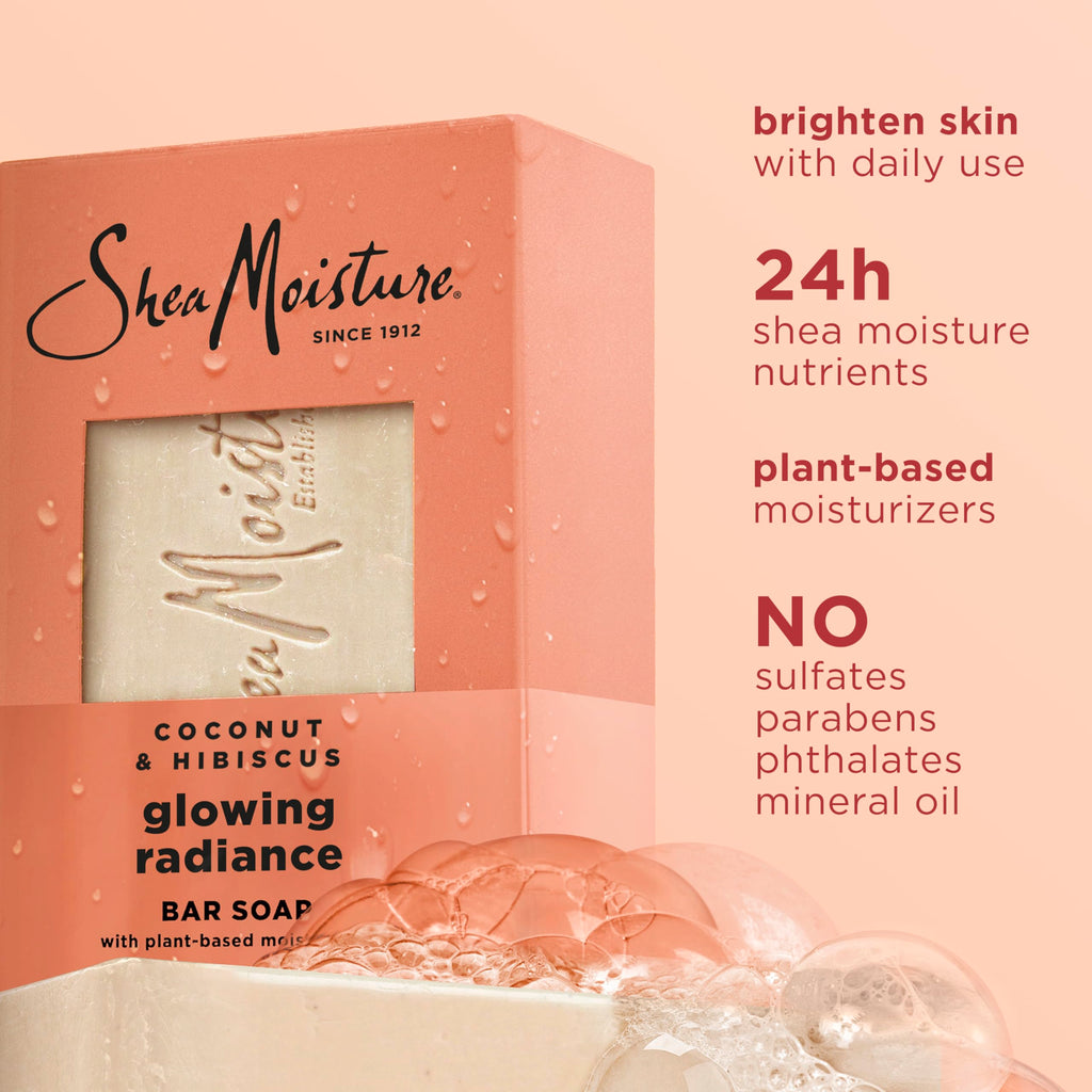 SheaMoisture Bar Soap Coconut and Hibiscus 4 Count Glowing Radiance Glowing Radiance bar soap with 24h shea moisture nutrients for Healthy, Glowing Skin 8 oz