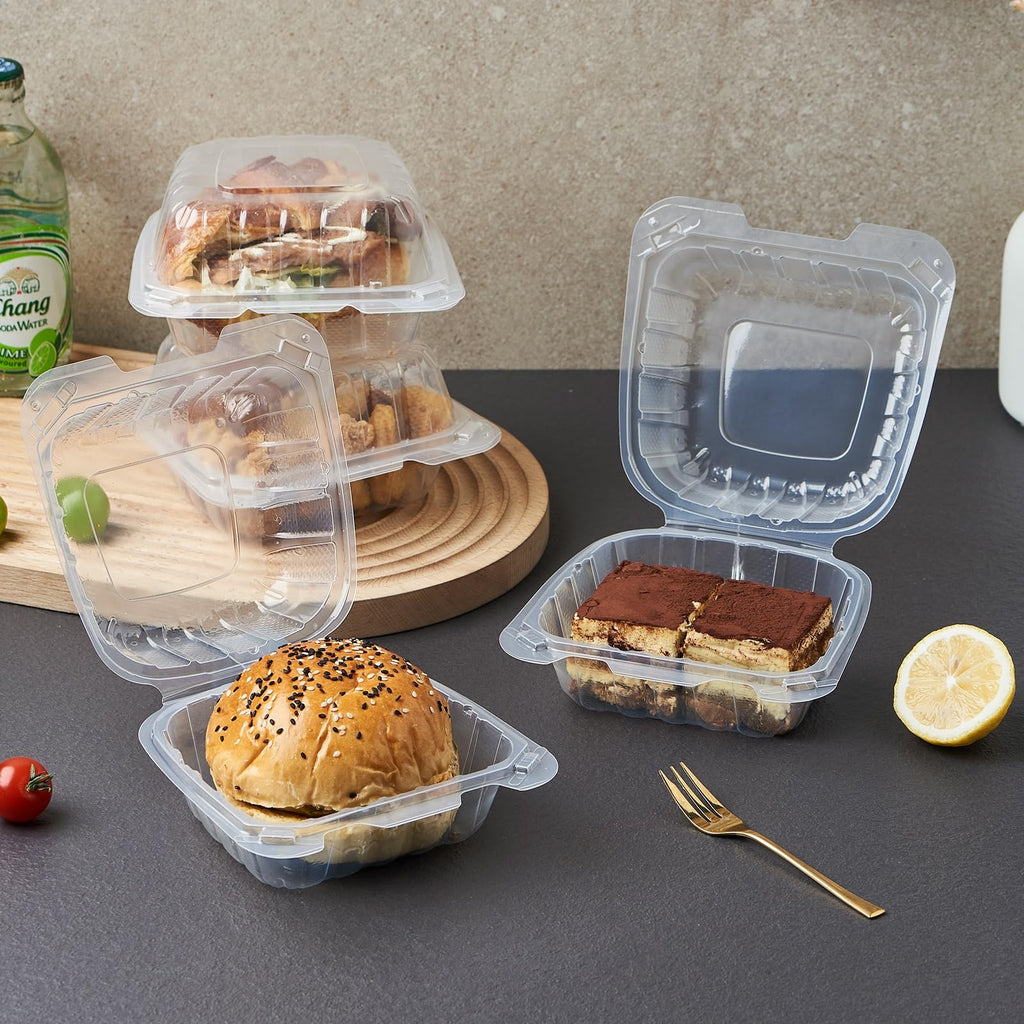 FULING 100 Count Clear Plastic Hinged Food Take Out To-Go Clamshell Containers, 6" W Disposable Takeout Tray for Dessert, Cakes, Cookies, Salads, Pasta, Sandwiches