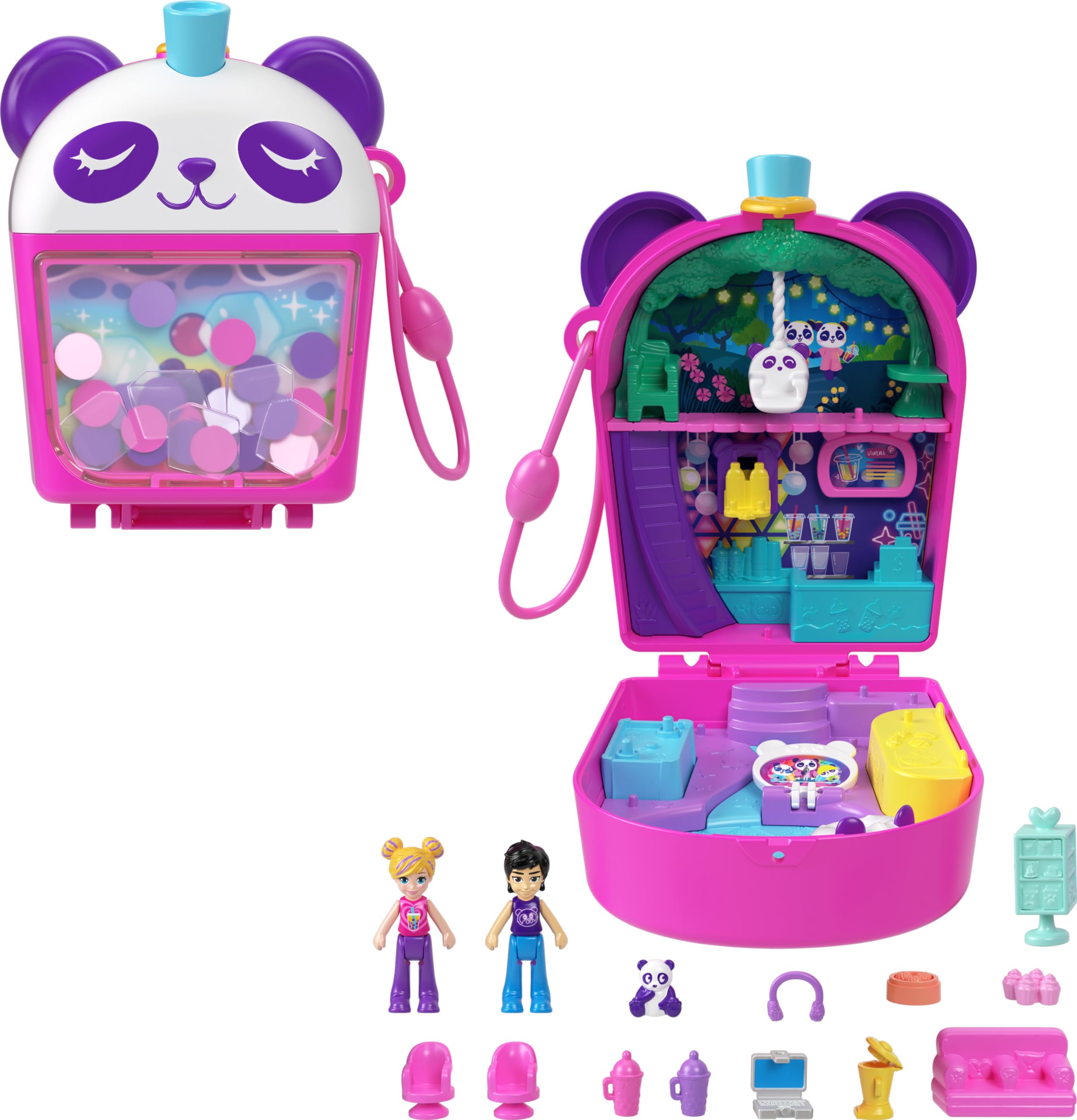 Polly Pocket Dolls & Playset, Bubble Tea Panda Compact, Animal Toy with 2 Micro Dolls, Pet Panda & Food Accessories