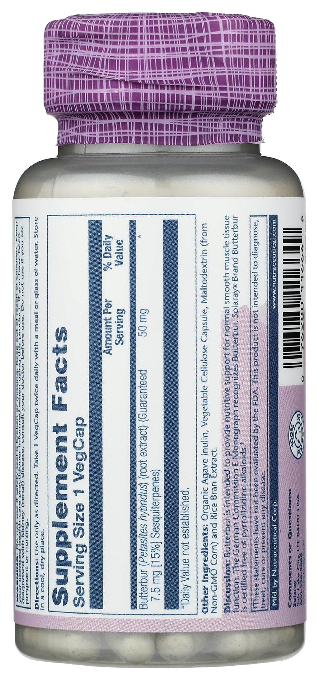SOLARAY Butterbur Root Extract 50 mg Supplement for Men & Women - Powerful Herbal Support, Vegan Butterbur Capsules - 60 Veg Caps