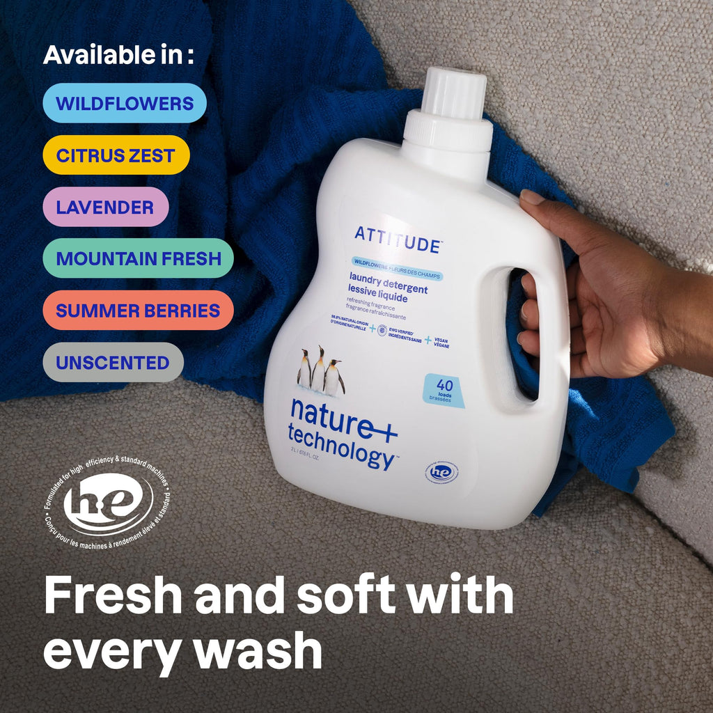 ATTITUDE Liquid Laundry Detergent, EWG Verified, HE Compatible, Plant-Based & Vegan, Natural Laundry Soap, Wildflowers Scent, 40 Loads, 67.6 Fl Oz