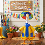 yuboo 23-Inch Porch Goose Raincoat Outfit - Summer Yellow Goose Clothes with Blue Pockets & Red Trim,Rainbow Umbrella Hat, Blue Sun Hat & Polka Dot Tie - Funny Garden Decor for Lawn & Yard
