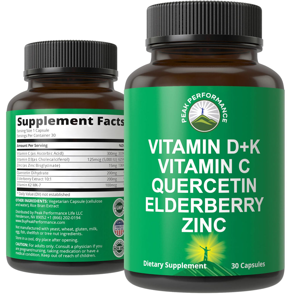 Peak Performance Immune Support Supplement - 6 Top Ingredients Vitamin D3 K2, Vitamin C, Elderberry, Zinc, Quercetin - Includes 5000 IU Vitamin D - Immunity Capsules - Supplements for Women and Men