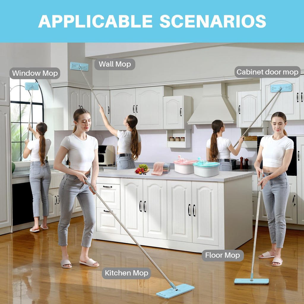JOYMOOP Flat Mop, Microfiber Mops for Floor Cleaning and Wall Cleaner, 50" Mops with 13" Flat Head with a Microfiber Mop Pad - Pale Aqua