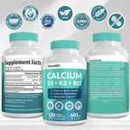 4-in-1 Calcium Supplements for Women and Men - Calcium with Vitamin D3 K2 5000 IU Supplement, 601mg per Serving - Gluten-Free, Vegan-Friendly (120 ct)