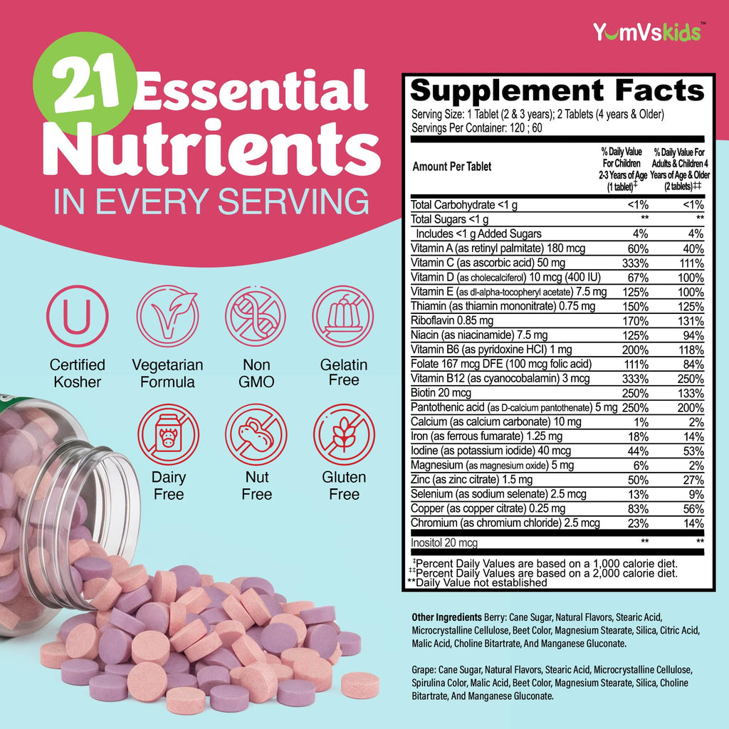 YUM-V'S Kids Multivitamin with Iron - Kids Chewable Multivitamin - Vitamins + Iron Supplement - Toddler Vitamins for 2 Year Old+, Kosher, Halal, Gluten Free 120 (Pack of 2