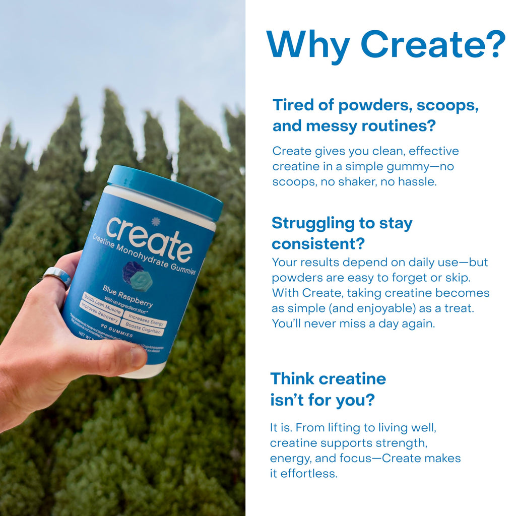 Create Creatine Monohydrate Gummies for Men & Women, Boost Focus, Strength, and Endurance, Anti-Melting Formula, Vegan, Gluten-Free, Non-GMO, 1.5g of Creatine per Gummy (Blue Raspberry)