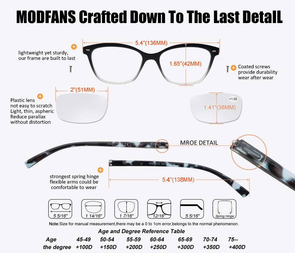 MODFANS Women Reading Glasses 1.5 4 Pair Stylish Ladies Readers with Comfort Spring Hinge Pattern Design Pouch Included