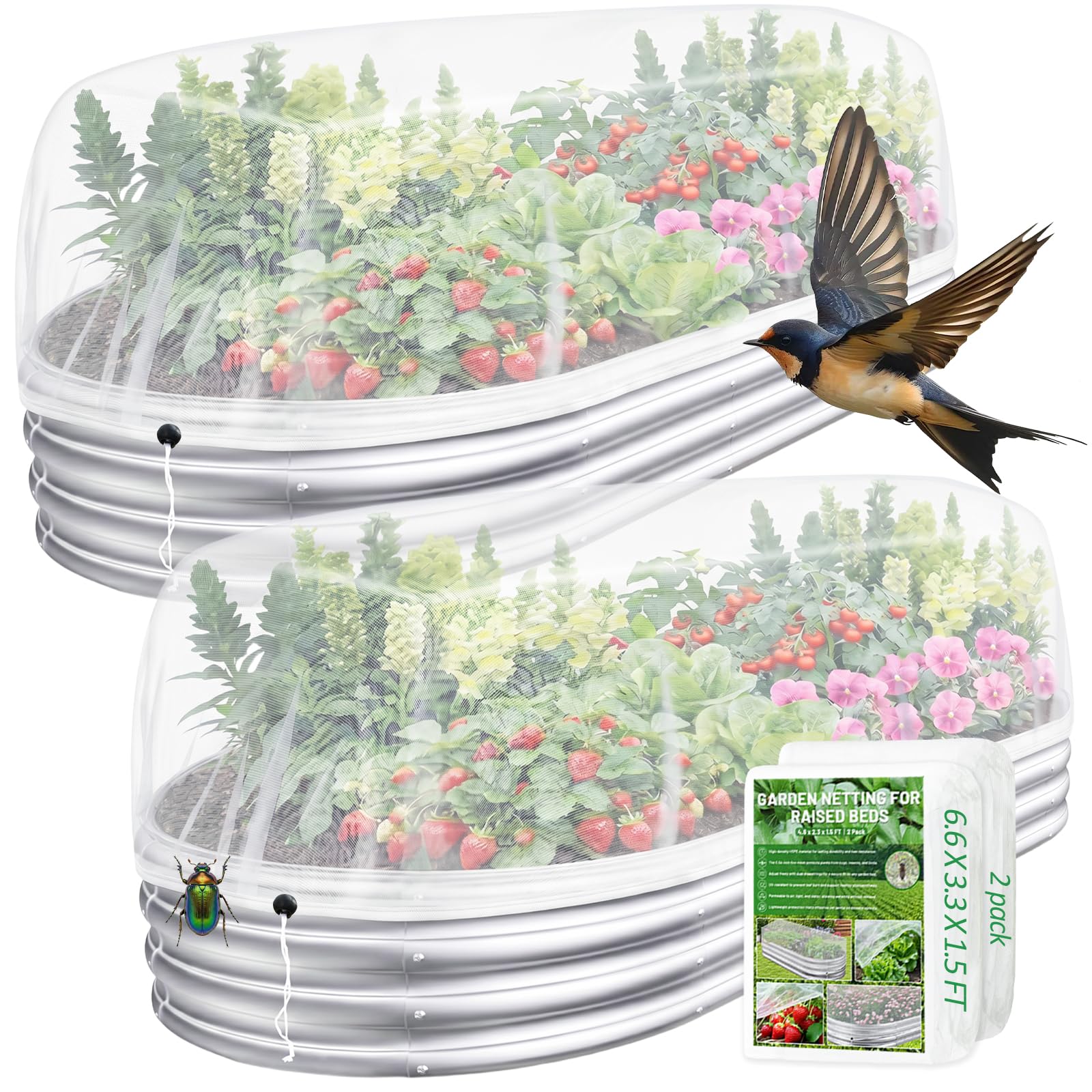 Sunwinx 2 Pack Garden Netting for Raised Beds, 6x3FT Raised Bed Cover for Garden Protection, Ultra Fine Mesh Bird Netting Pest Barrier Screen with Drawstring for Protecting Vegetables Fruits Flowers