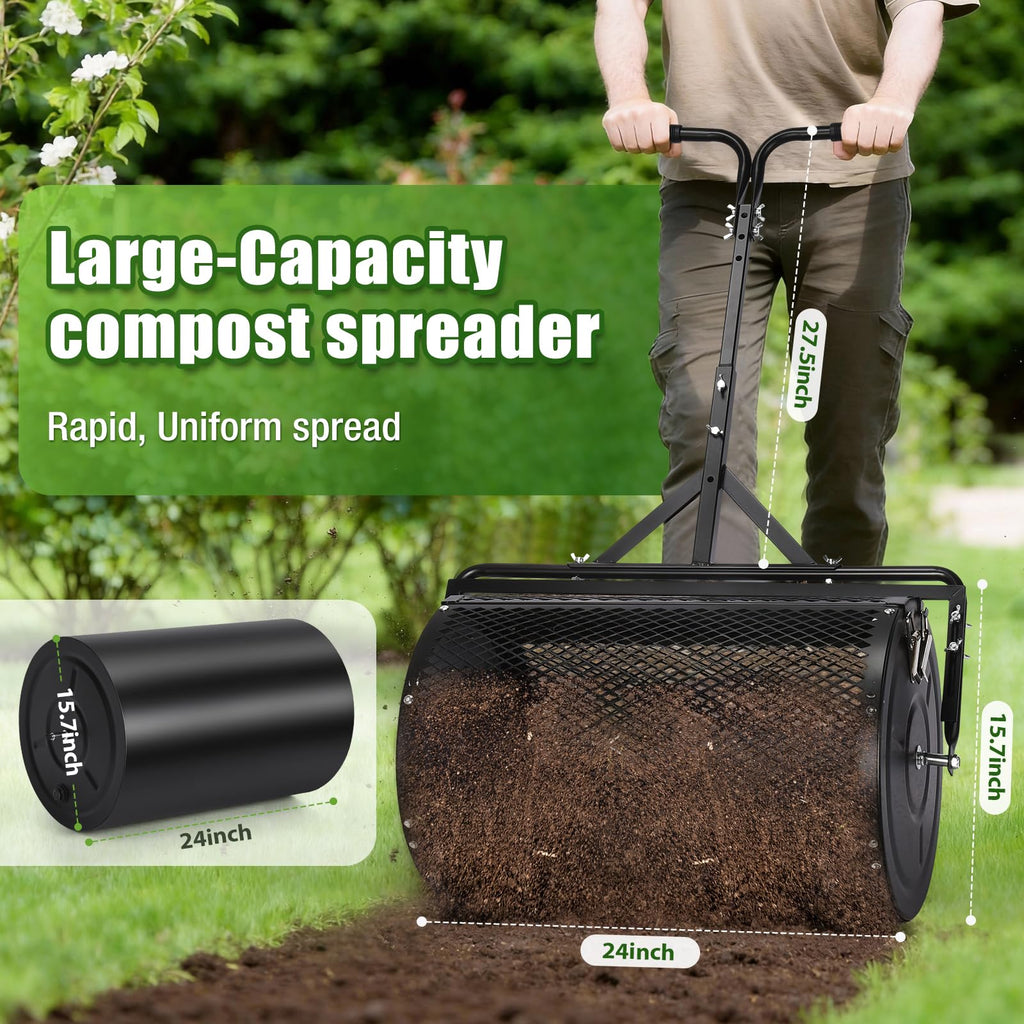 GADFISH 24 Inch Compost Spreader & Lawn Roller, Featuring One Mesh Roller and One 23 Gallon Hollow Roller, Push & Tow Design, Suitable for Lawn Maintenance and Peat Moss Spreader