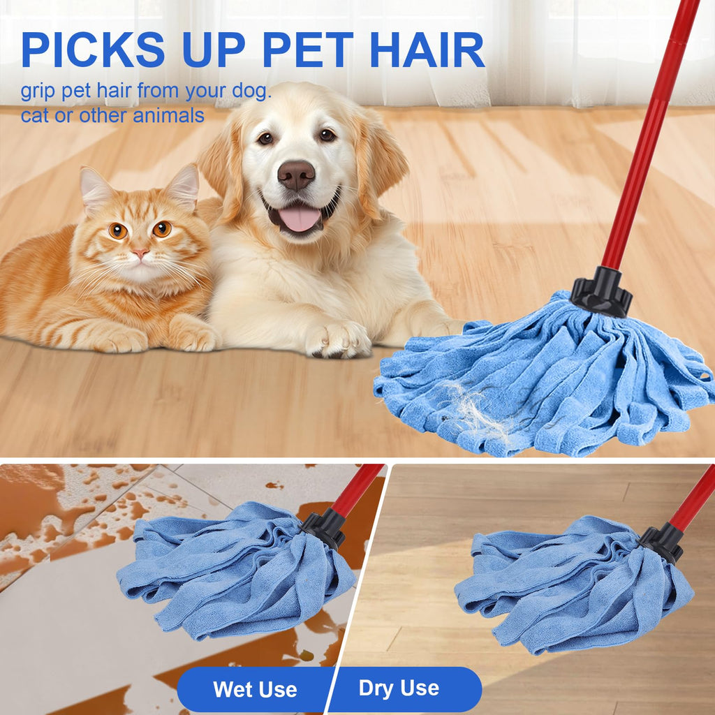Microfiber Mop Cloth Heads Replacements: One Mop Handle with Two Blue Microfiber Cloth Heads Compatible with All Standard US Threading Pole