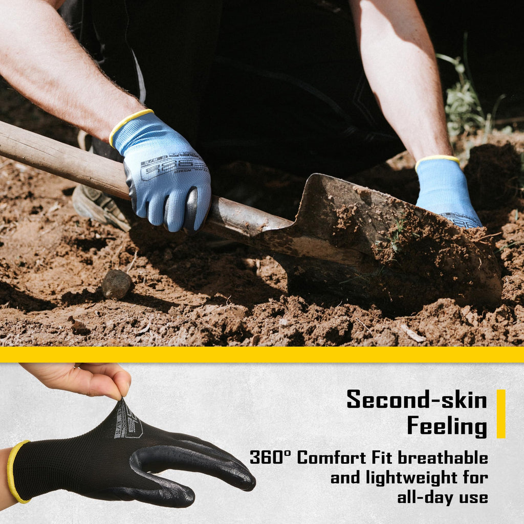 COOLJOB 10 Pairs Nitrile Dipped Safety Work Gloves with Grip, Non-slip Rubber Coated Bulk Garden Gloves for Men, Heavy-duty Oil Resistant for Truck Driver, Warehouse Box Handler, Xlarge, Black Blue