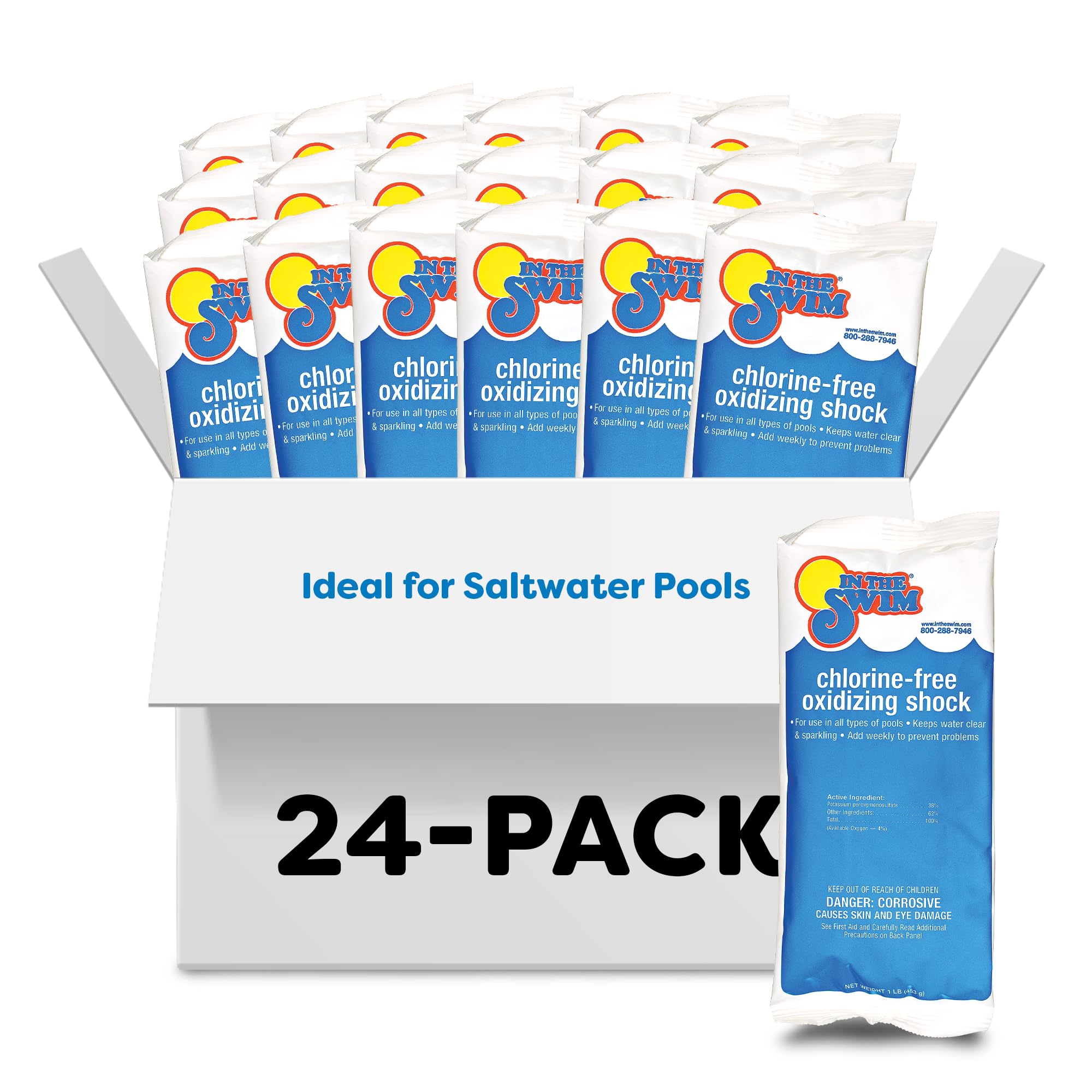 In The Swim Chlorine-Free Pool Shock - Quick Dissolving, Fast-Acting, Shock-Oxidizer for Swimming Pools, Spas, and Salt Chlorinated Pools Compatible - 24 x 1 Pound Bags